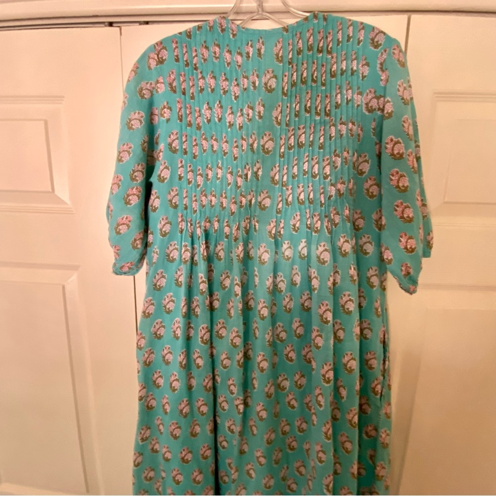 Dolma Floral Aqua Cotton Midi V neck Dress EUC - Picture 5 of 11